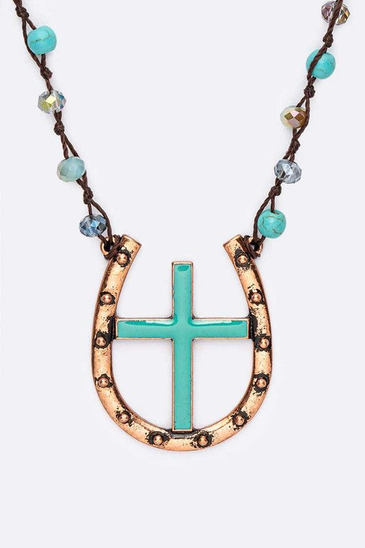 Cross Horse Shoe Pendant Mix Beads Necklace Set