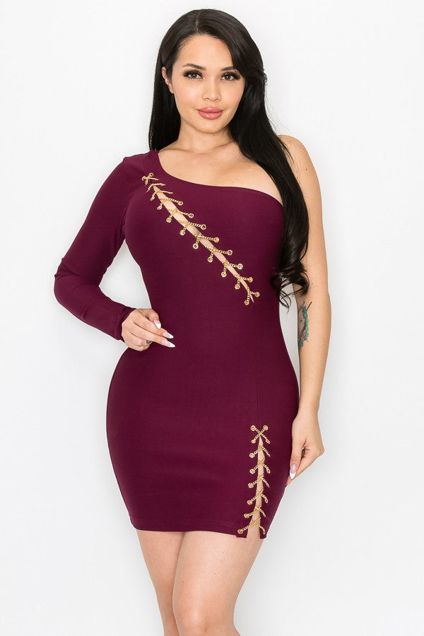 ONE SHOULDER LONG SLEEVE BODYCON MINI DRESS
