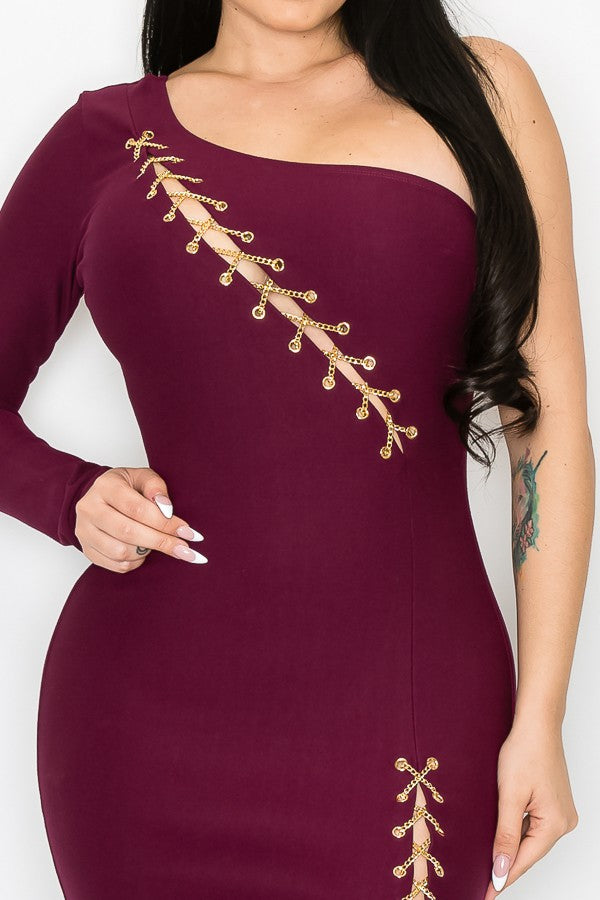 ONE SHOULDER LONG SLEEVE BODYCON MINI DRESS