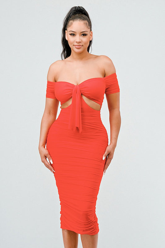 LUX OFF SHOULDER SIDE CUT WITH KNOT TIE FRONT DETAIL BODYCON MIDI DRESS