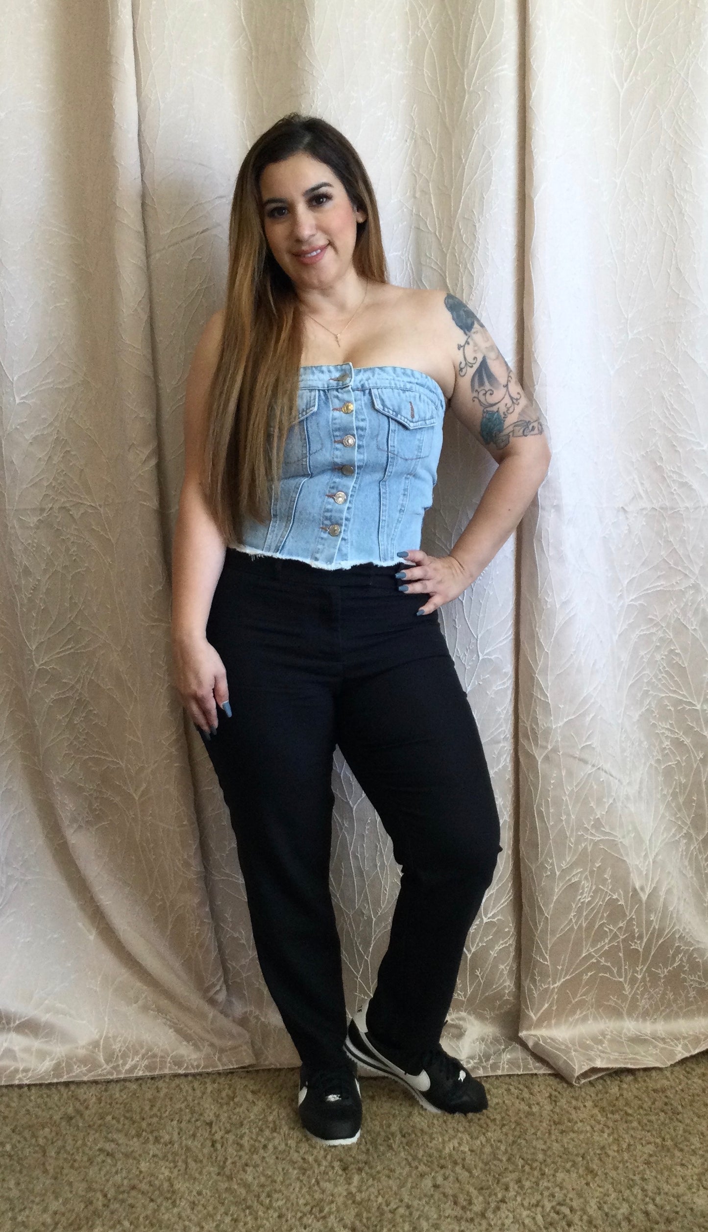 Over washed denim corset tube top with button down detail