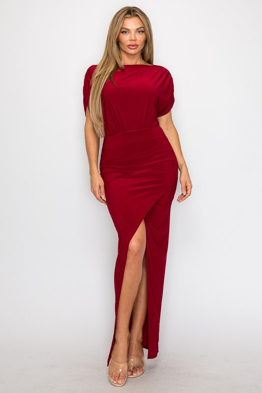 MAXI DRESS WITH HALF SLEEVE, OPEN SLIT, OFF SHOULDER