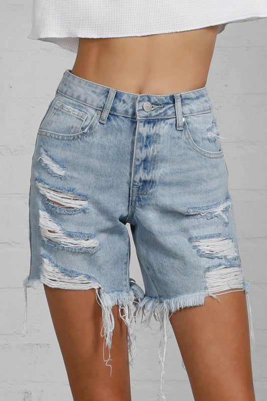 HIGH RISE MIDI DESTROYED SHORTS