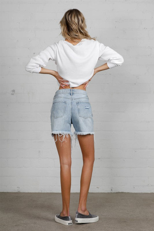 HIGH RISE MIDI DESTROYED SHORTS