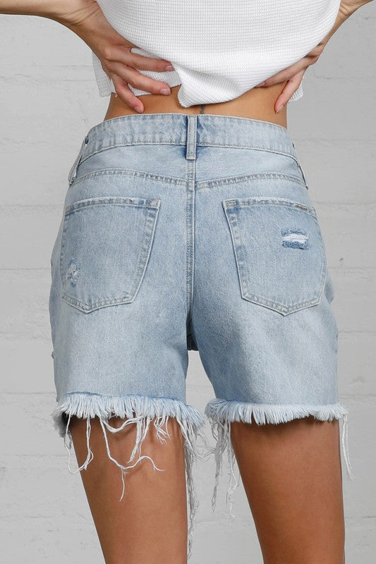 HIGH RISE MIDI DESTROYED SHORTS