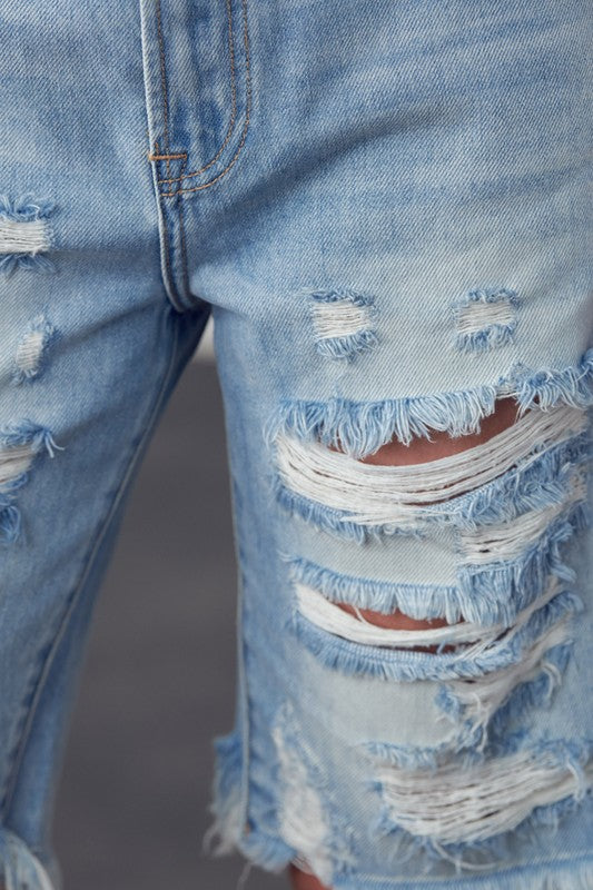 High Rise Ripped Bermuda Denim Shorts