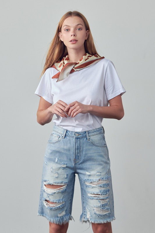 High Rise Ripped Bermuda Denim Shorts