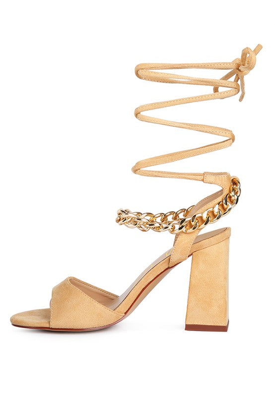 GONE GURL CHAIN DETAIL TIE UP BLOCK HEELS