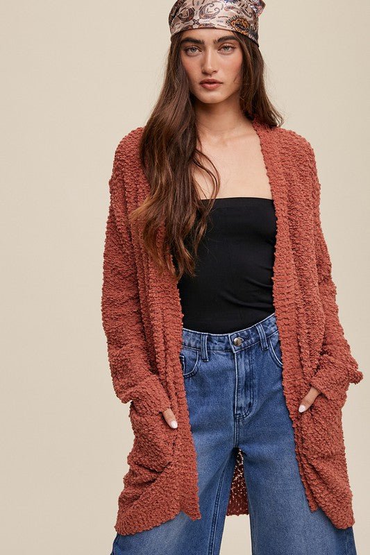 Popcorn Open Knit Cardigan Sweater