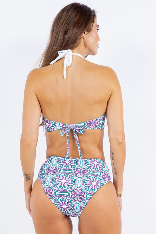 TWO PIECE FLORAL PRINTS CRISS CROSS HALTER BIKINI