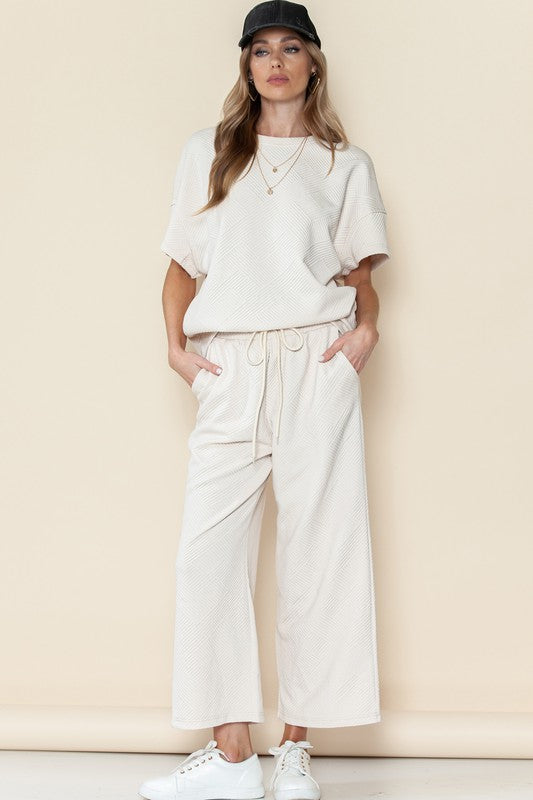 Textured Loose T Shirt and Drawstring Pants Set