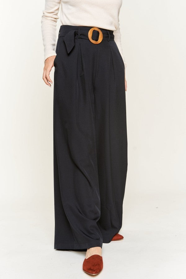 High-waist with Wood Belted Wide Pants - Reg & Plus