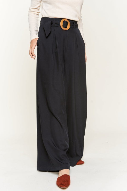 High-waist with Wood Belted Wide Pants - Reg & Plus