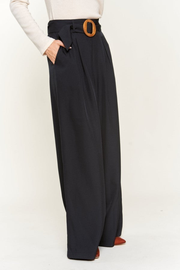 High-waist with Wood Belted Wide Pants - Reg & Plus