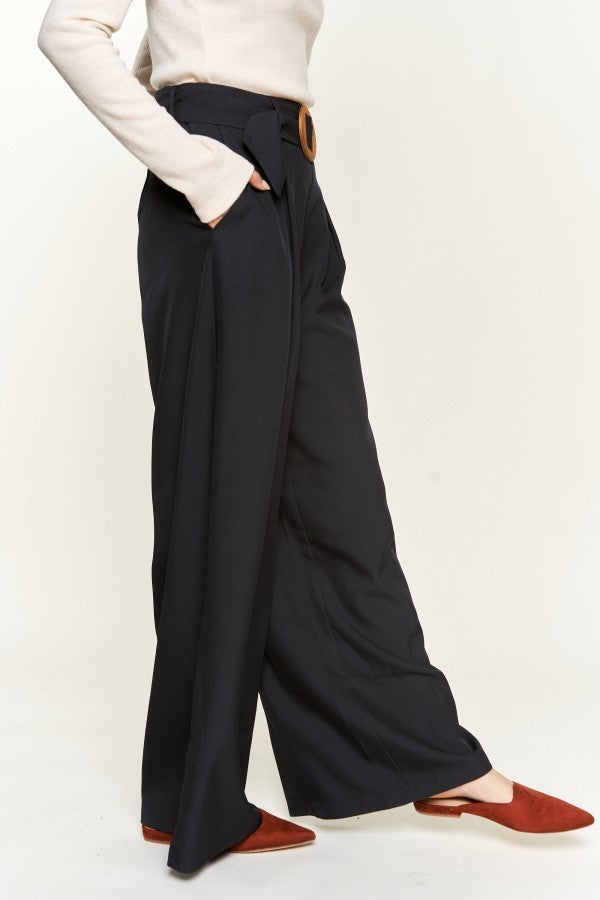 High-waist with Wood Belted Wide Pants - Reg & Plus