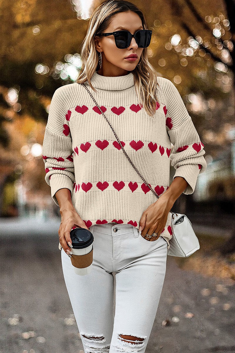 Heart Print Thick Knit Loose Roll Neck Sweater