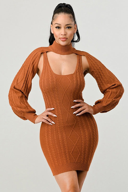 KNIT CUTOUT BOLERO LONG SLEEVE DRESS