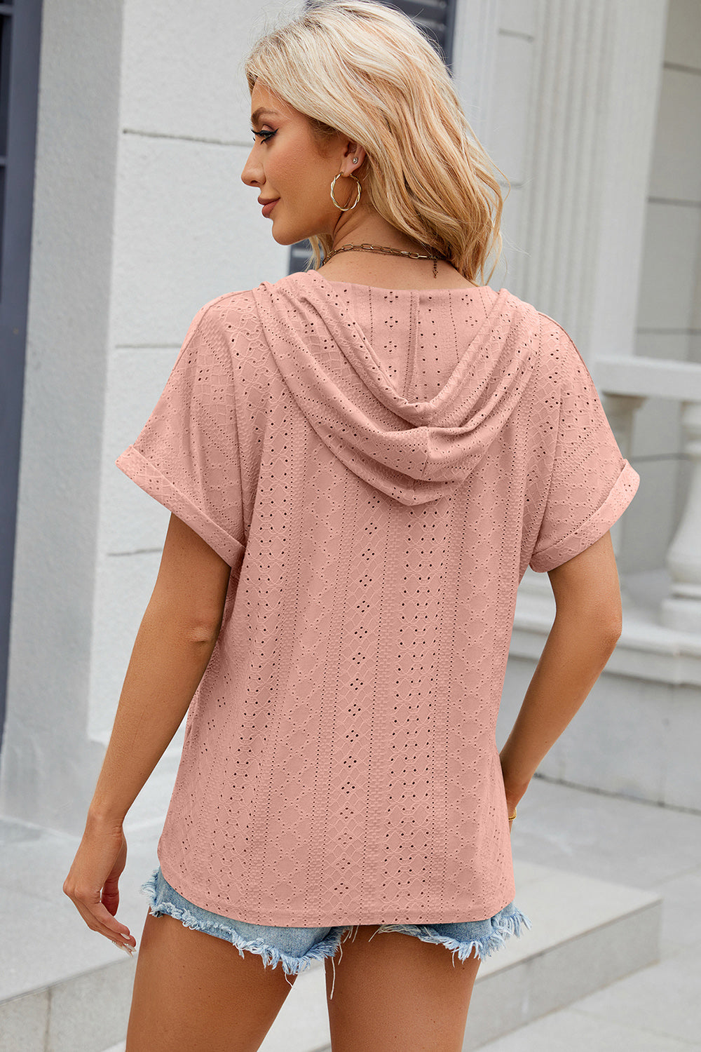 Eyelet Drawstring Hooded Short Sleeve Blouse