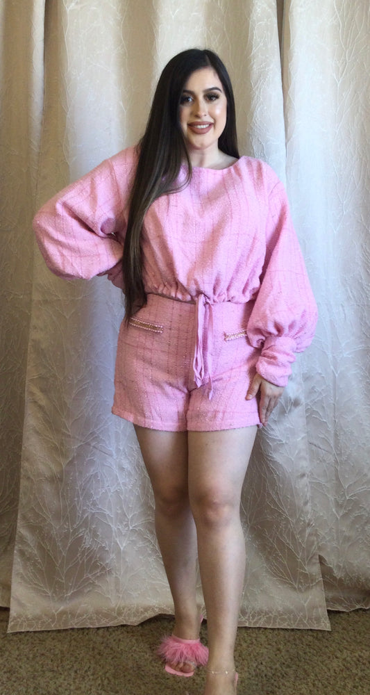 LONG SLEEVE CROP KNIT SHORT PANT SET